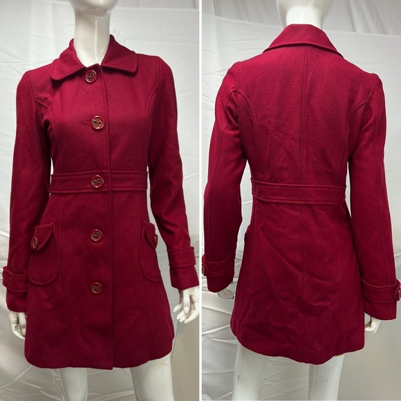 Tulle Cranberry Red Button Up Overcoat Pea Coat Small Jacket Anthropologie - Picture 1 of 7